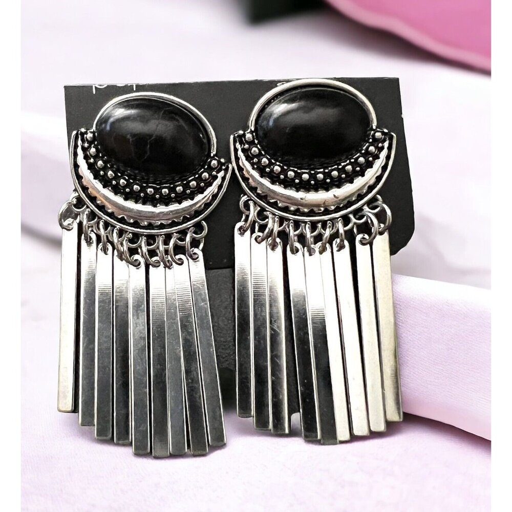 Gorgeous Silver & Black Post Stud Earrings with Silver Spikes
